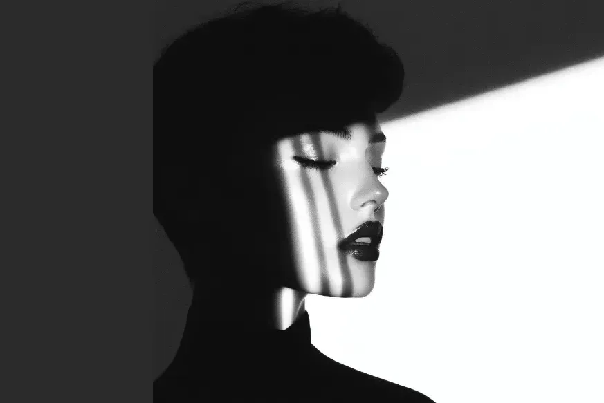  Elegant Profile Portrait Minimalist black-and-white profile portrait of a woman with sleek hair in a bun, dramatic lighting