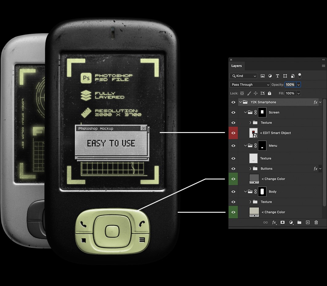 Retro smart device mockup Photoshop layers panel showing smart object editing