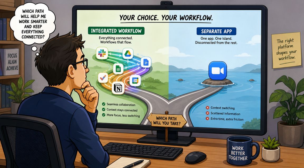 A person viewing a computer screen comparing an integrated workflow versus using a single, isolated app.
