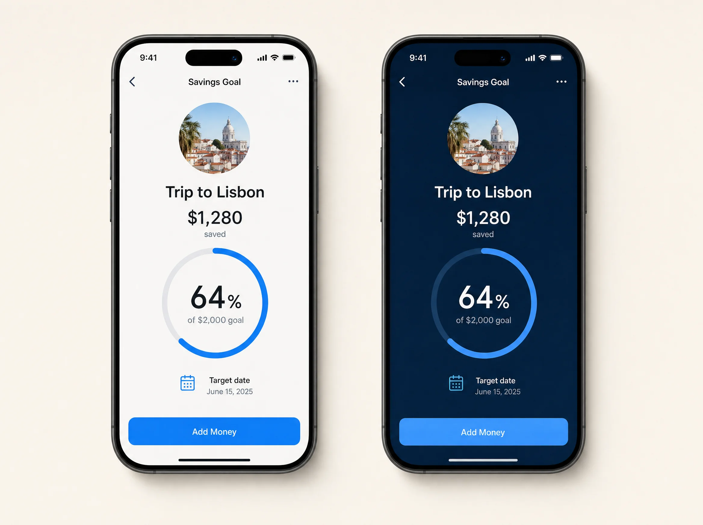 The savings goal screen in light and dark mode side by side