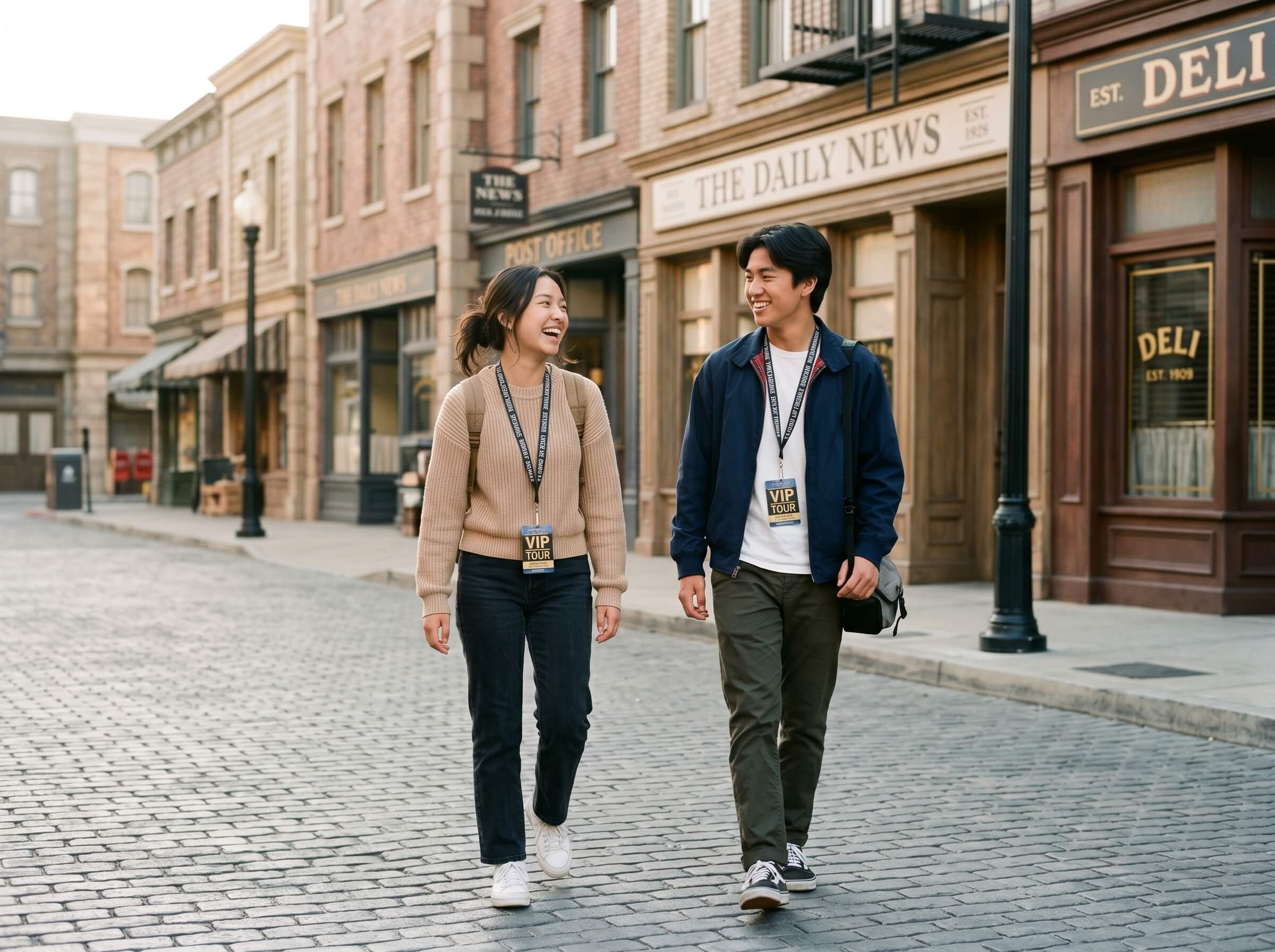 2 asian teenager is walking and happily chatting inside universal studio