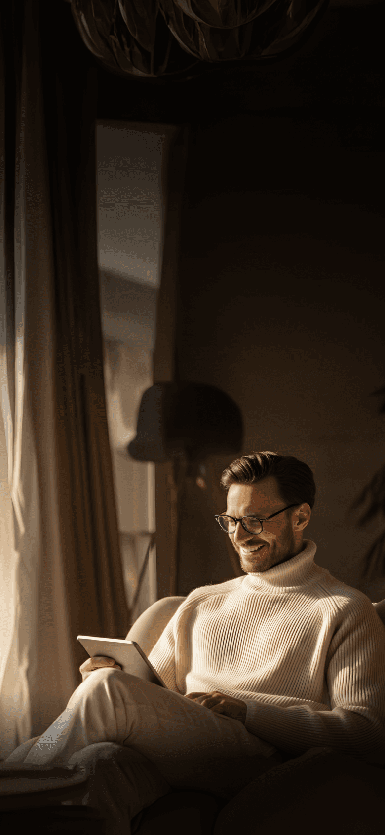 Smiling man wearing glasses reading a tablet while relaxing on a couch, indoors.