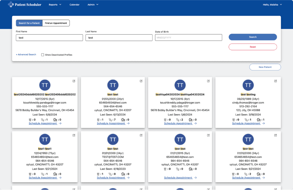 The image shows a patient scheduling dashboard with a blue header, featuring search fields for first and last name, date of birth, and options to search or reset, along with a list of patient profiles arranged in a grid below, each containing details such as name, ID, and contact information.