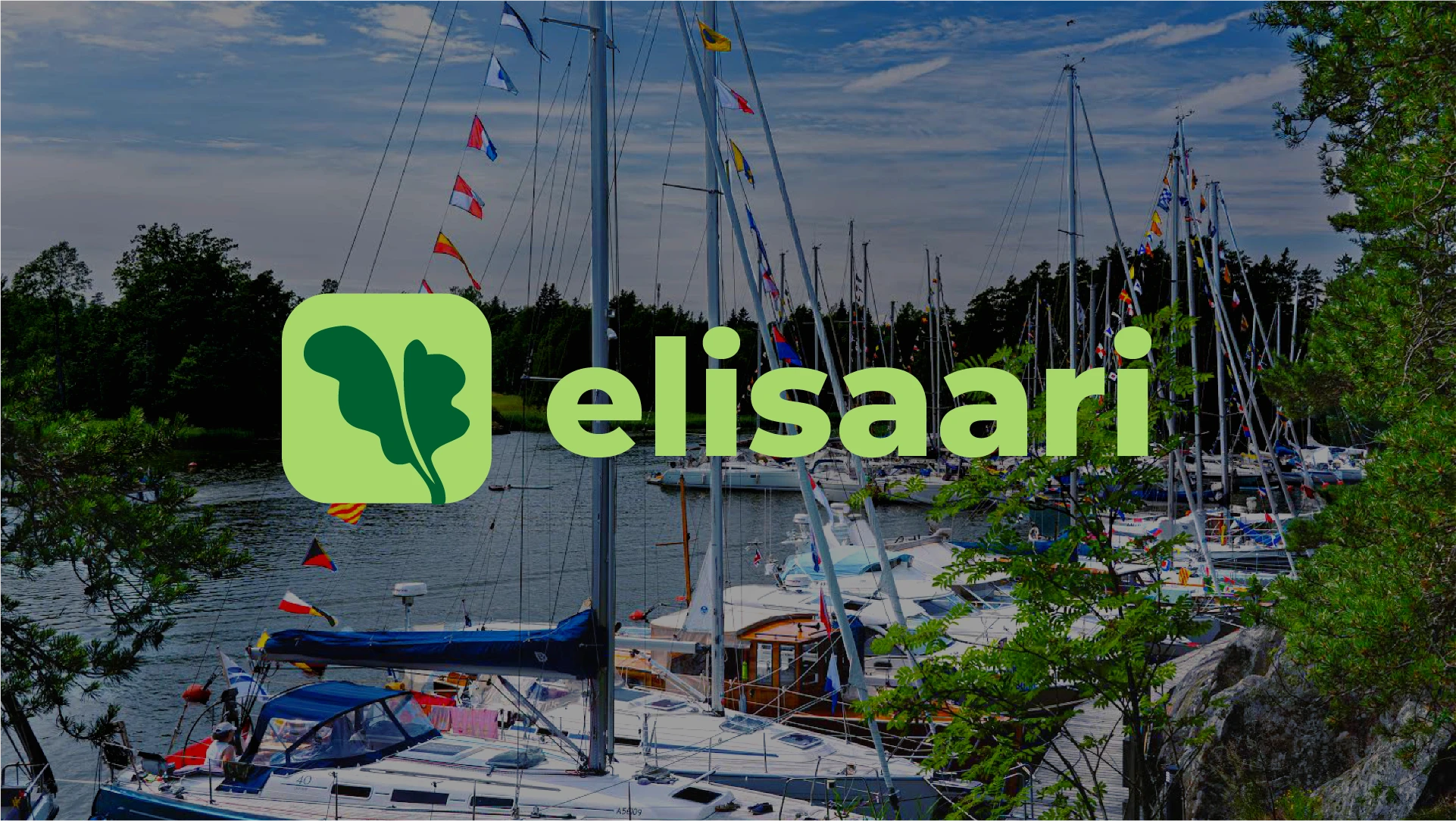 Hero image of the Elisaari logo—a stylized oak leaf icon within a rounded square—superimposed over a high-density sailing marina in the Finnish archipelago.