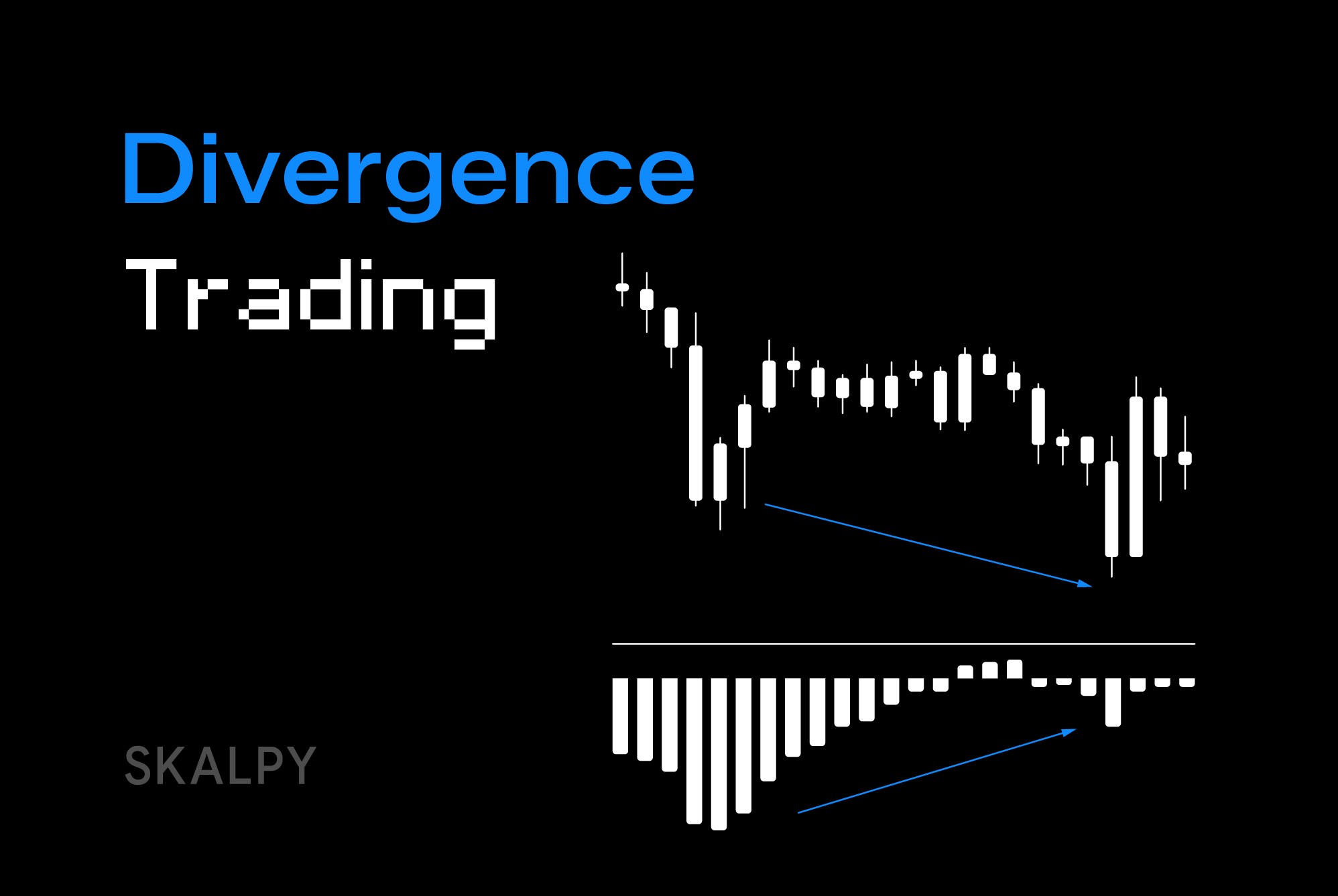 Divergence trading guide cover explaining bullish and bearish divergence signals for technical analysis on the Skalpy platform.