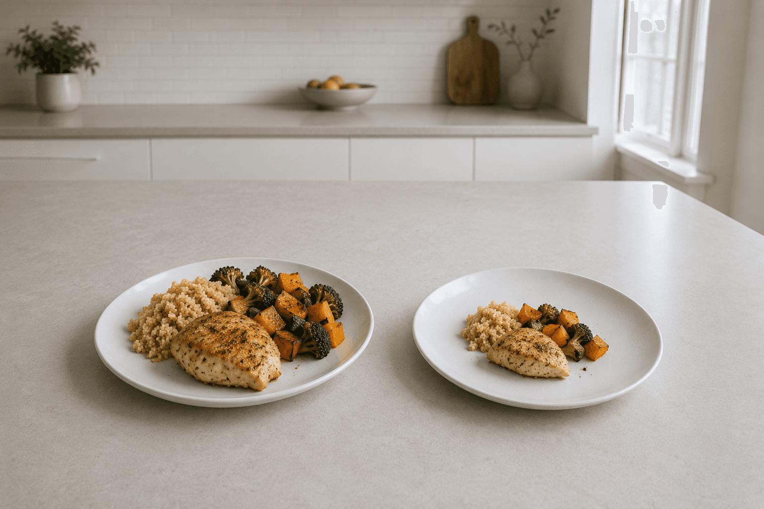 Two plates with identical foods in different portion sizes illustrating reduced appetite on GLP-1 medications