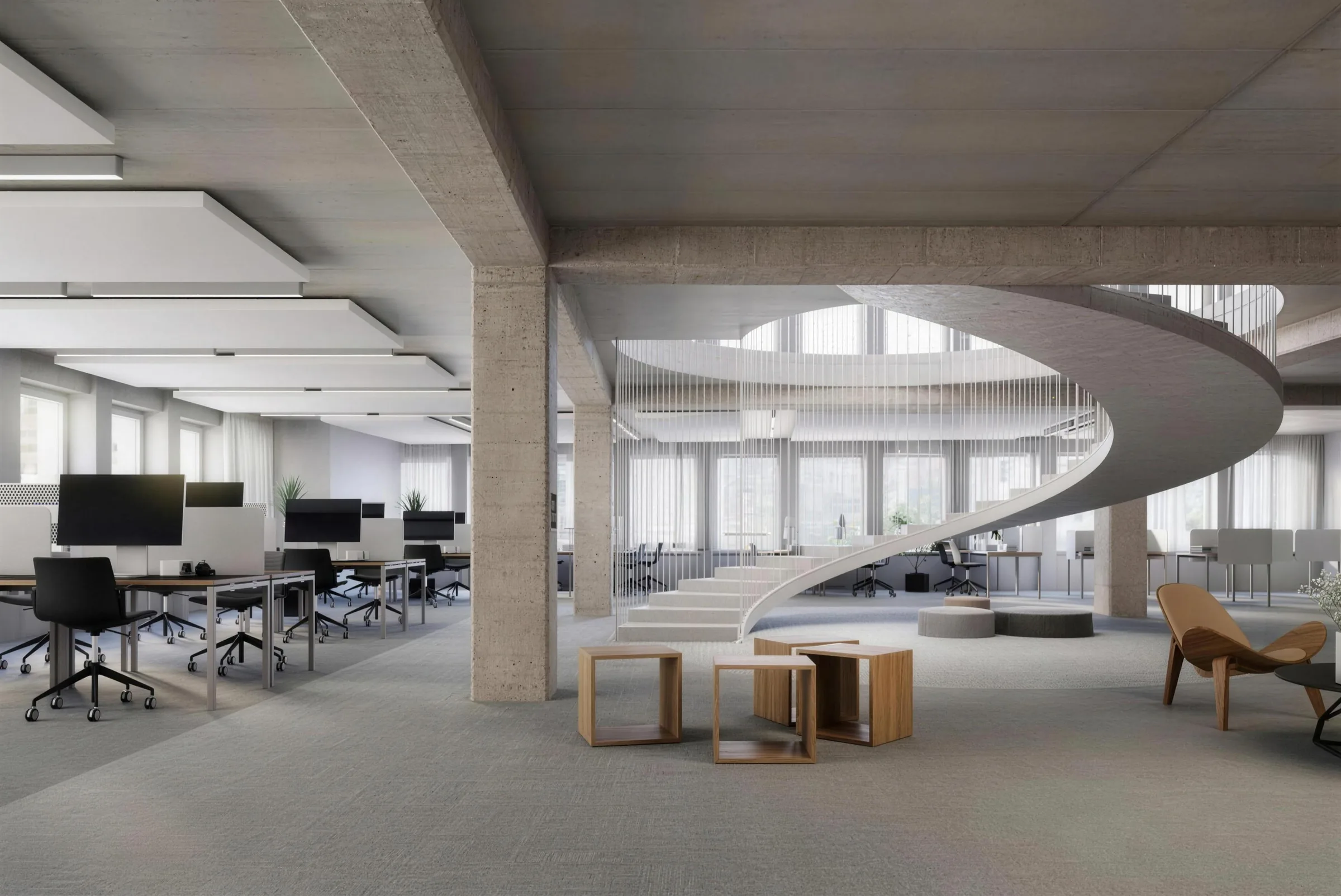 Visualisierung einer Bürofläche mit Rundtreppe zwischen zwei Etagen