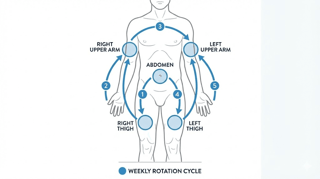 Tirzepatide injection site rotation map for preventing redness and itching