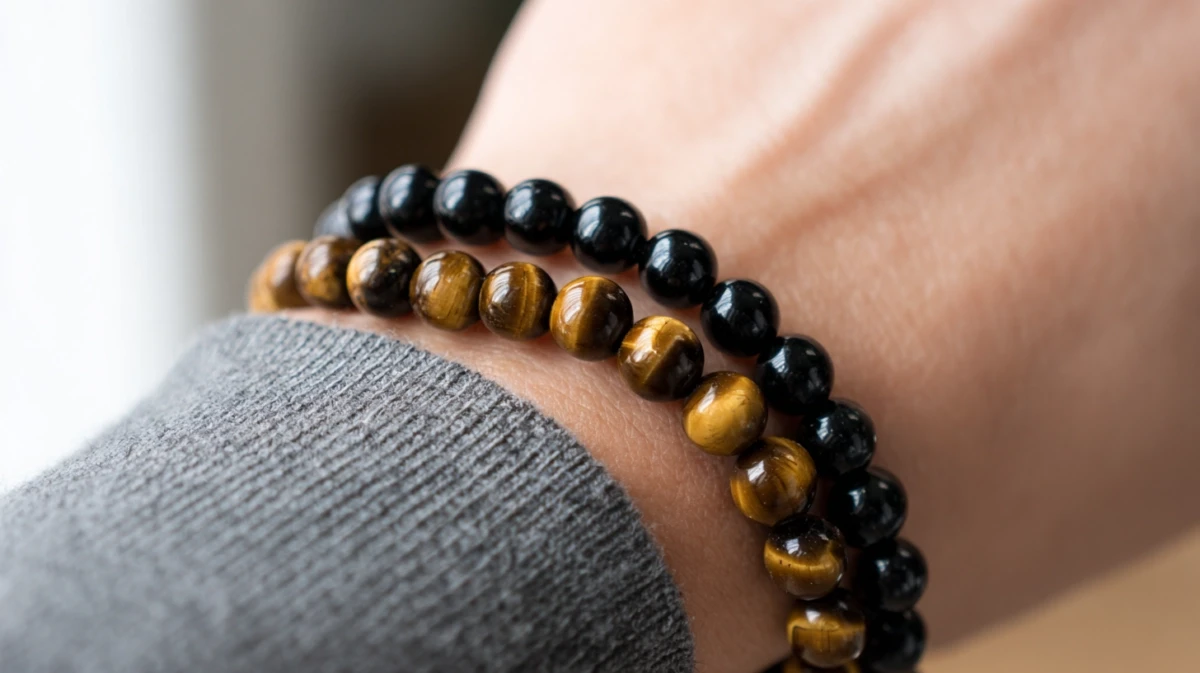 Black tourmaline and tiger's eye bracelets stacked on wrist