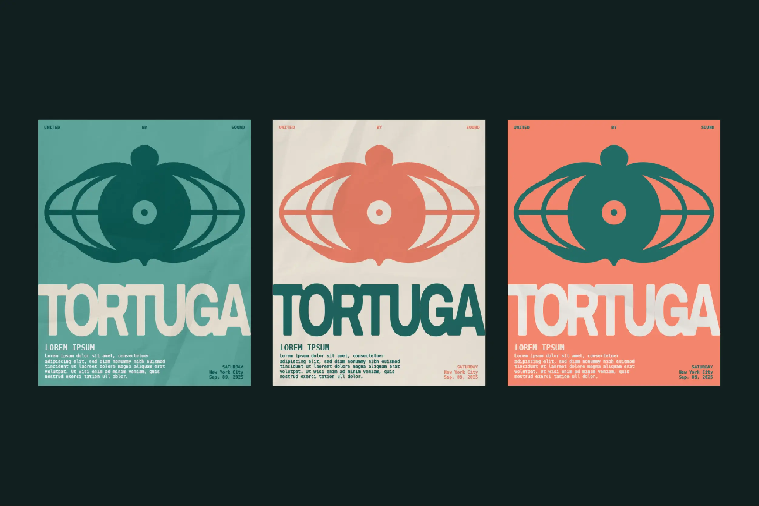 Poster designs featuring the Tortuga Records turtle globe logo and bold wordmark, exploring green, sand, and pink color combinations.
