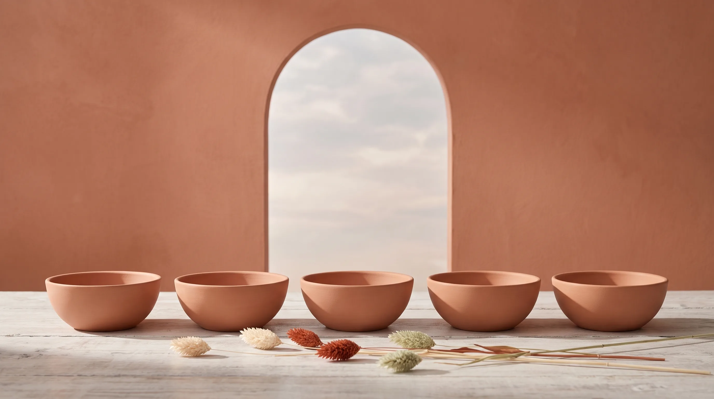 Five identical empty clay bowls in a row on a weathered wooden table