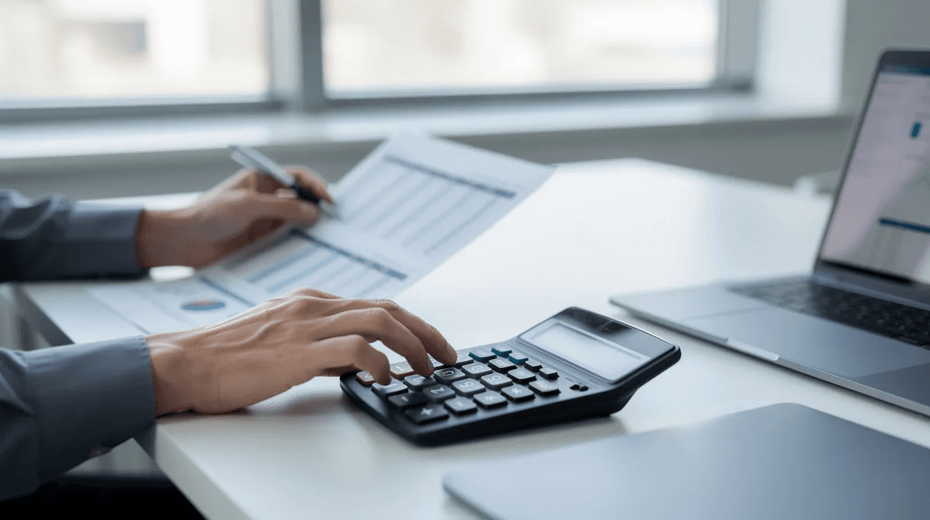 A person is seated at a modern desk, reviewing financial documents with a calculator and laptop in front of them. The scene suggests a focus on tax-related matters, possibly involving depreciation deductions for residential rental property or business property, as they analyze various depreciation methods and schedules.
