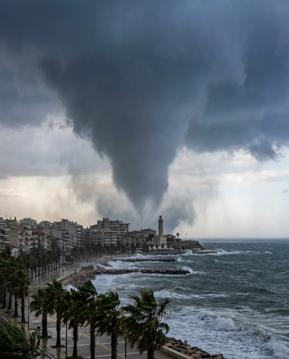 Severe storm clouds and tornado like downdraft approaching Alexandroupoli’s coastline.