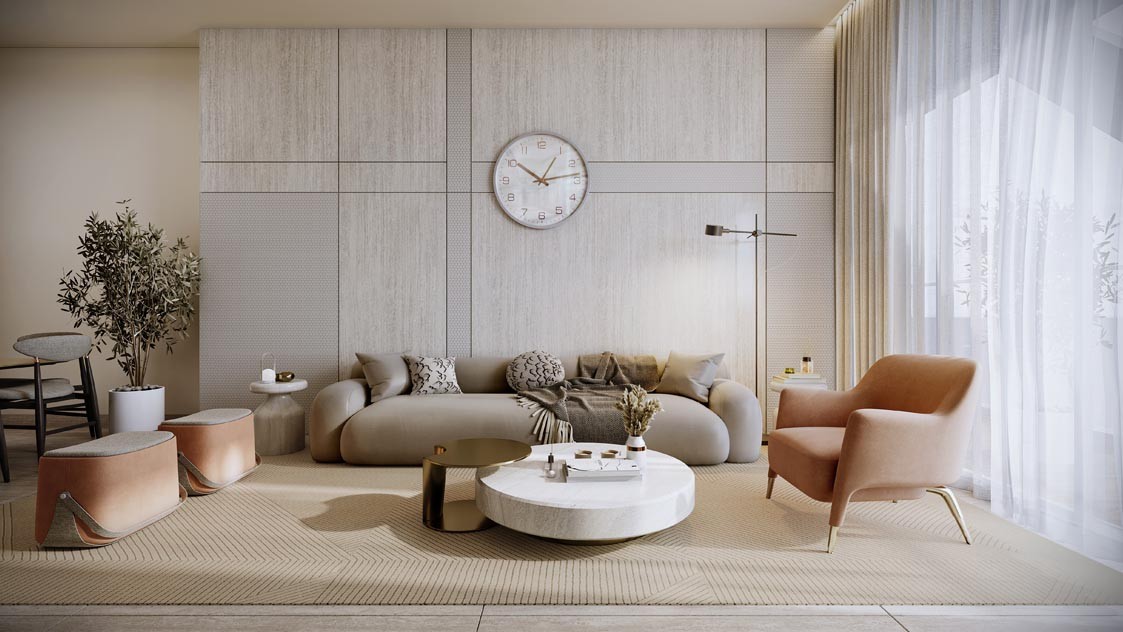Modern living room in Central Uptown featuring stylish furniture, large windows, and contemporary decor.
