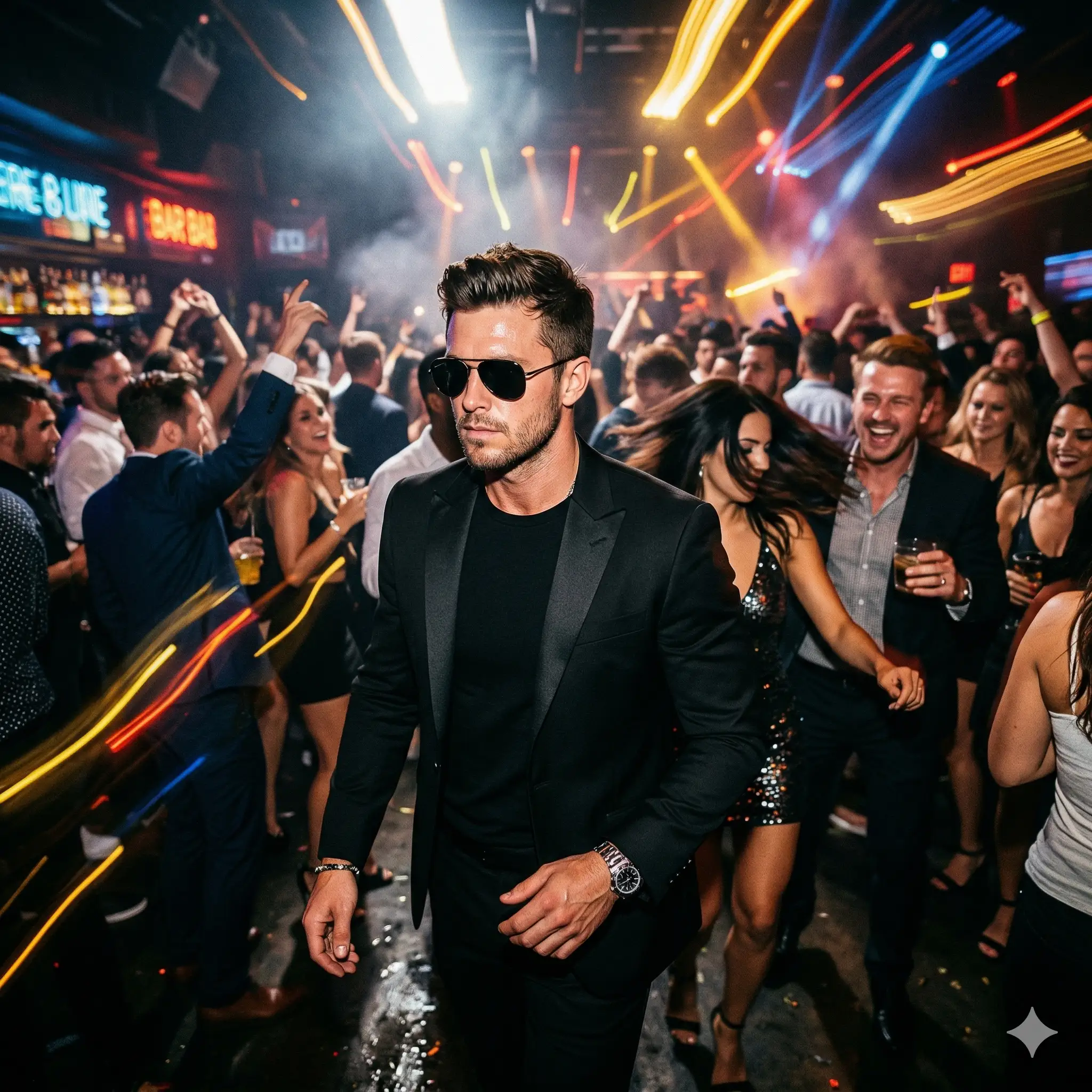 AI-generated image of a stylish man in a black suit and sunglasses walking through a crowded, energetic nightclub featuring people dancing and dynamic light trails. Generated for the AI prompt portfolio of Mahendra R.