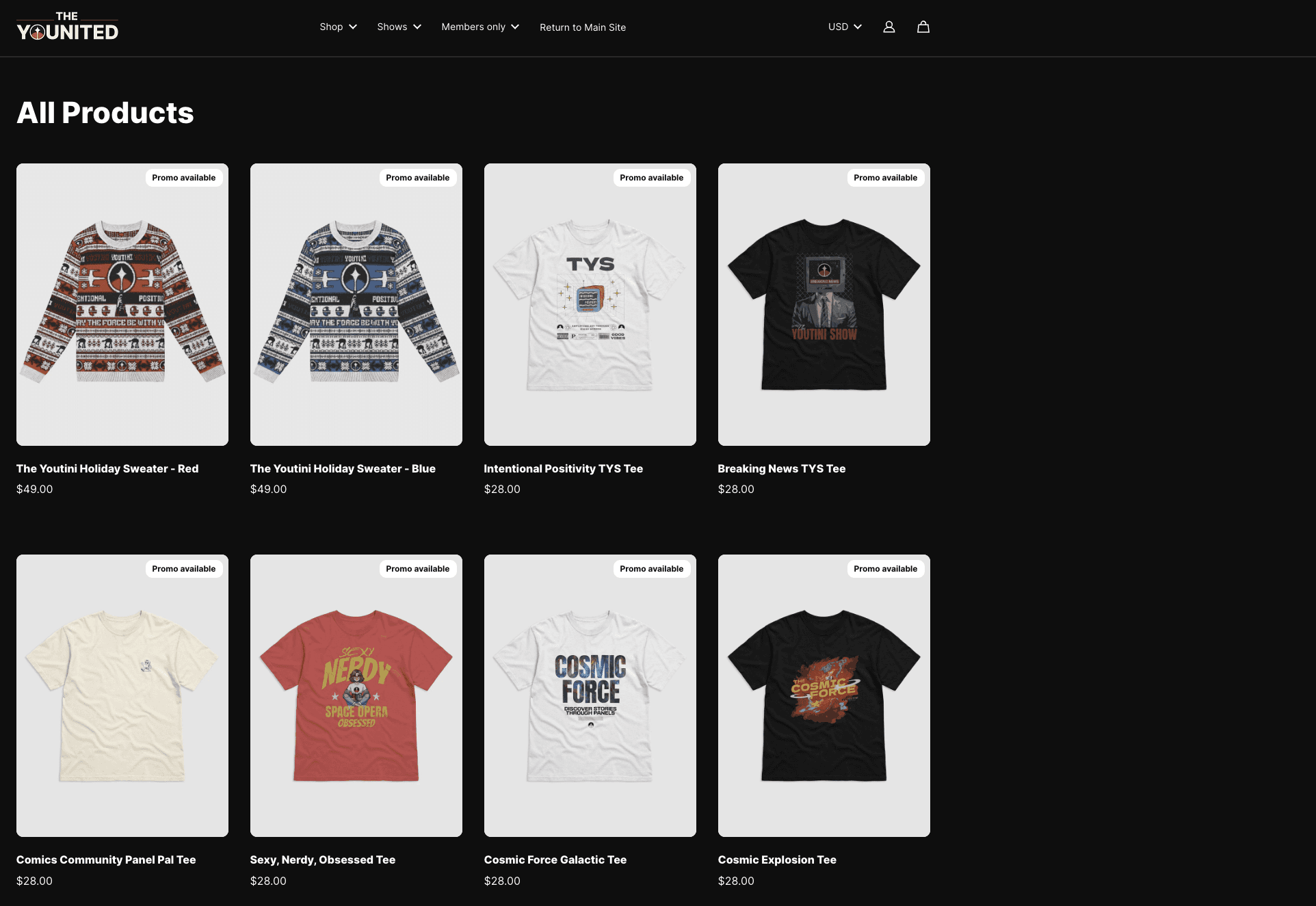 Collection of graphic t-shirts displayed in a grid on a dark background, featuring various designs.