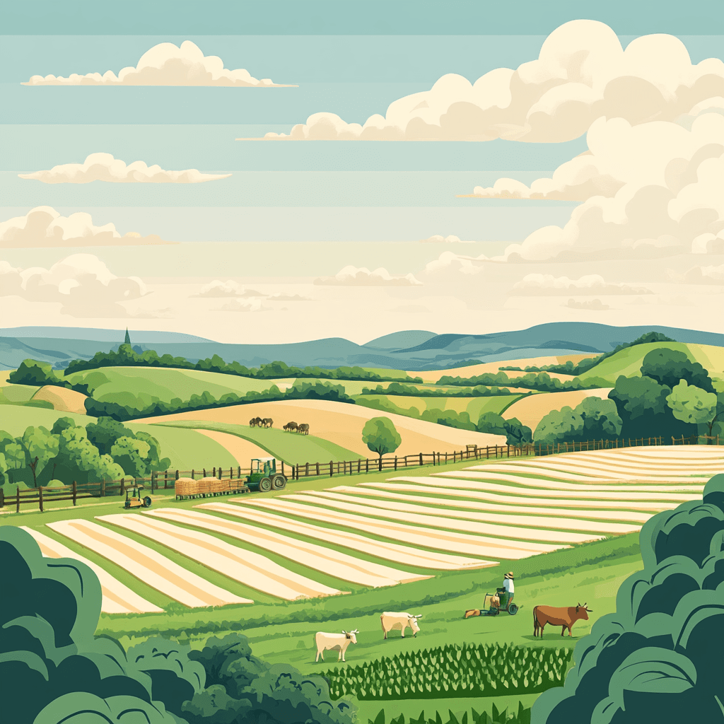 Open field with fences separating the crops, with animals and machinery around