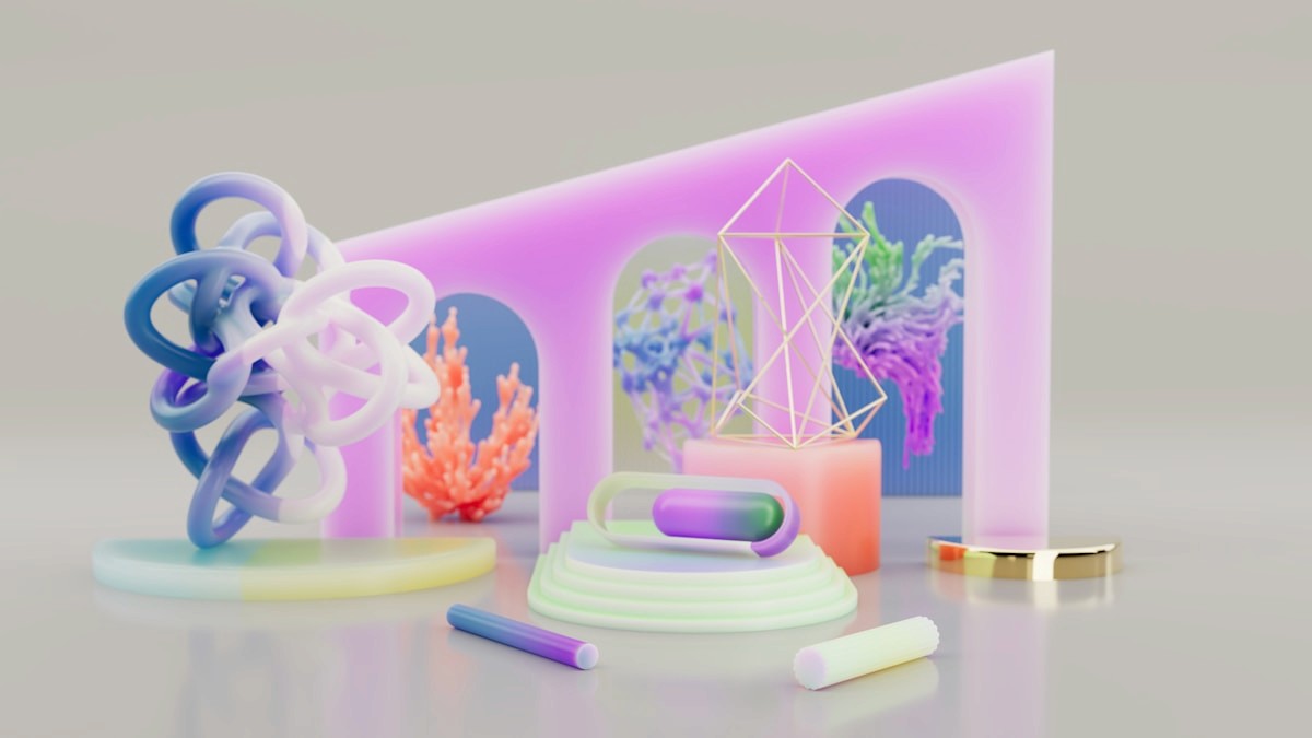 Abstract pastel 3D shapes with glowing elements and architectural forms.