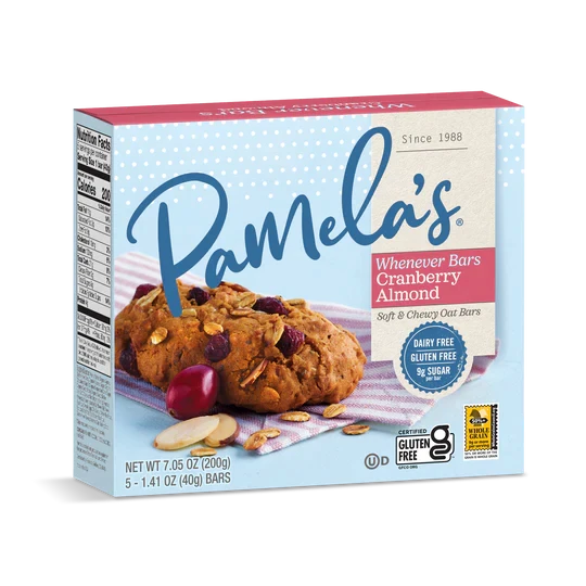 Front of box Pamela’s Cranberry Almond Bars showcasing a perfectly styled whenever bar with flavor cues.