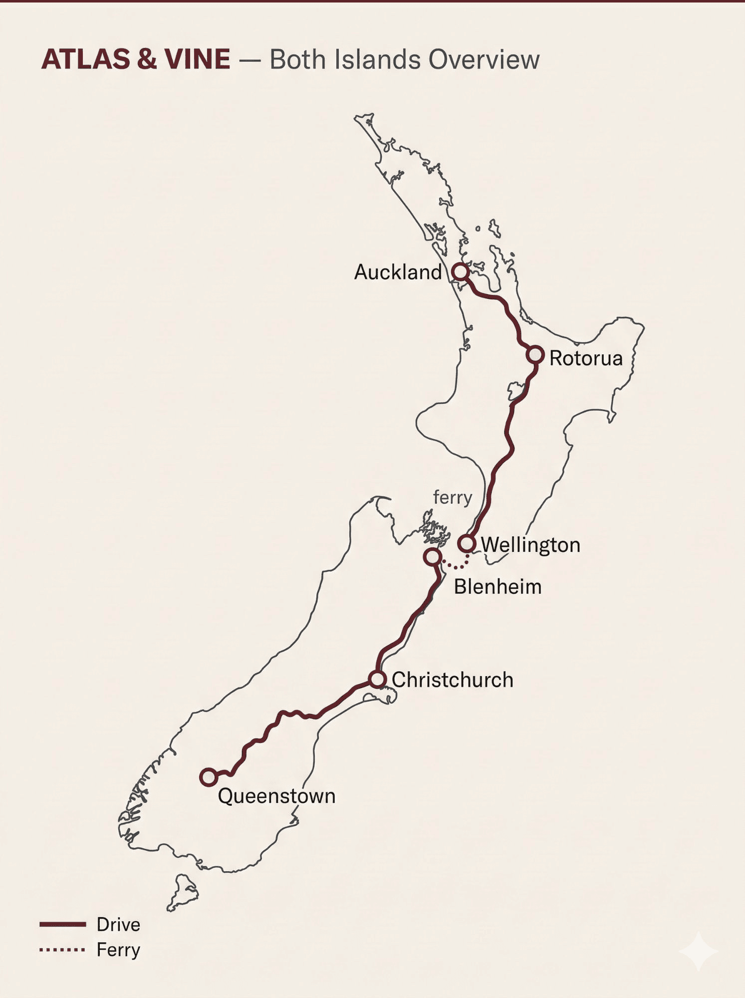 Atlas & Vine itinerary map: Both Islands Overview — Auckland, Rotorua, Wellington, Blenheim, Christchurch, Queenstown, with drive and ferry legs connecting the North and South Islands.