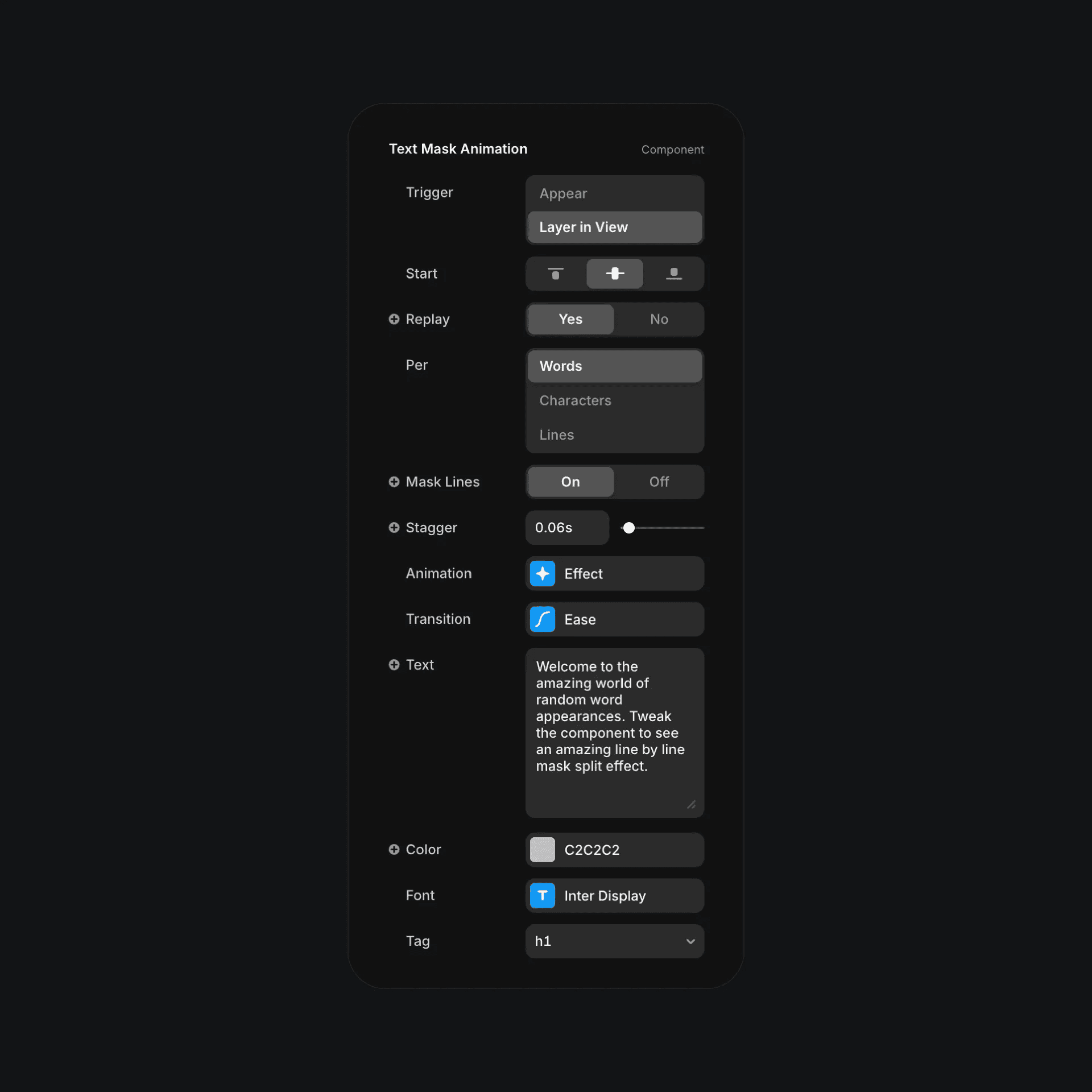 Text mask animation component settings with trigger and timing controls
