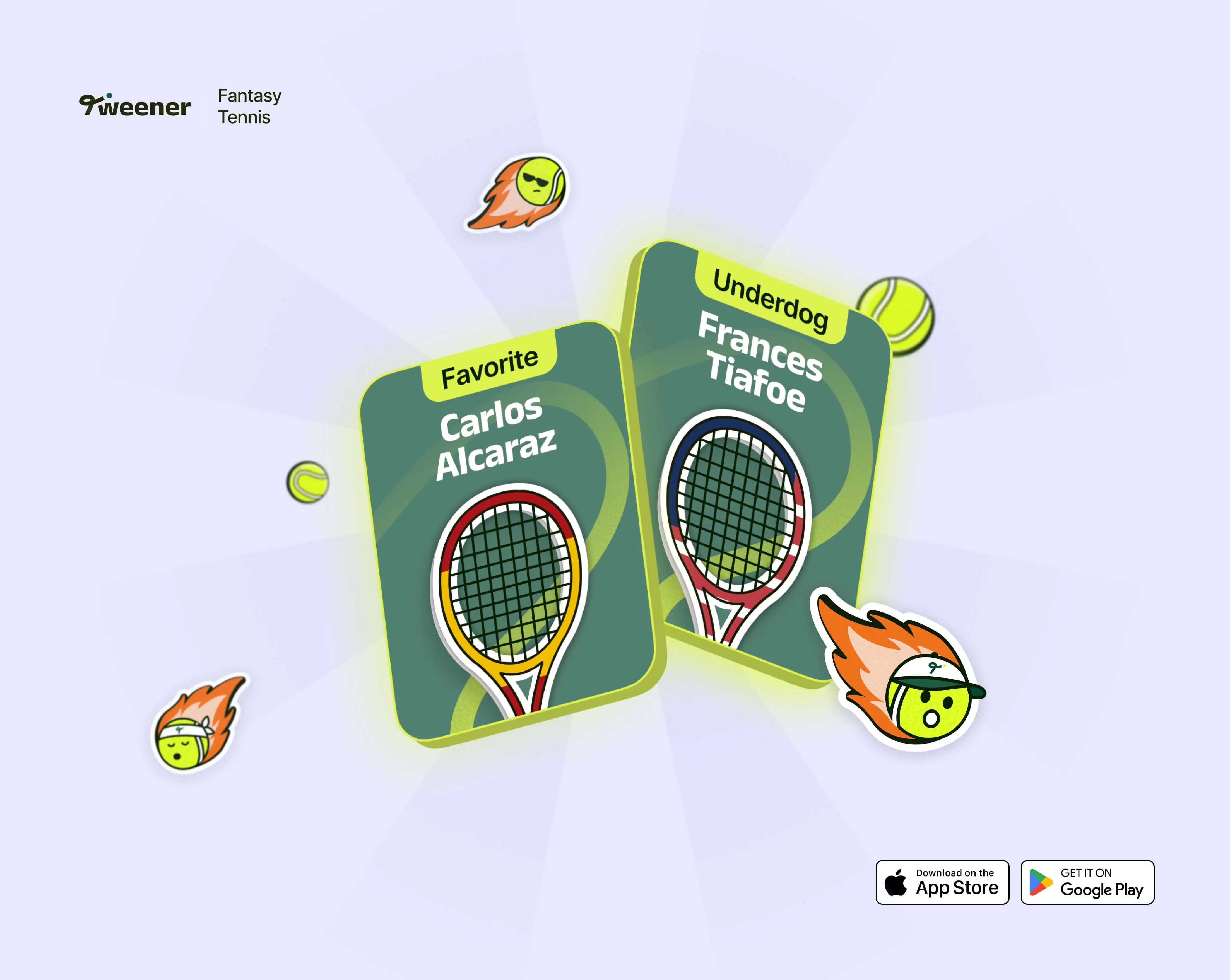 Tweener match cards — Carlos Alcaraz vs Frances Tiafoe with tennis graphics