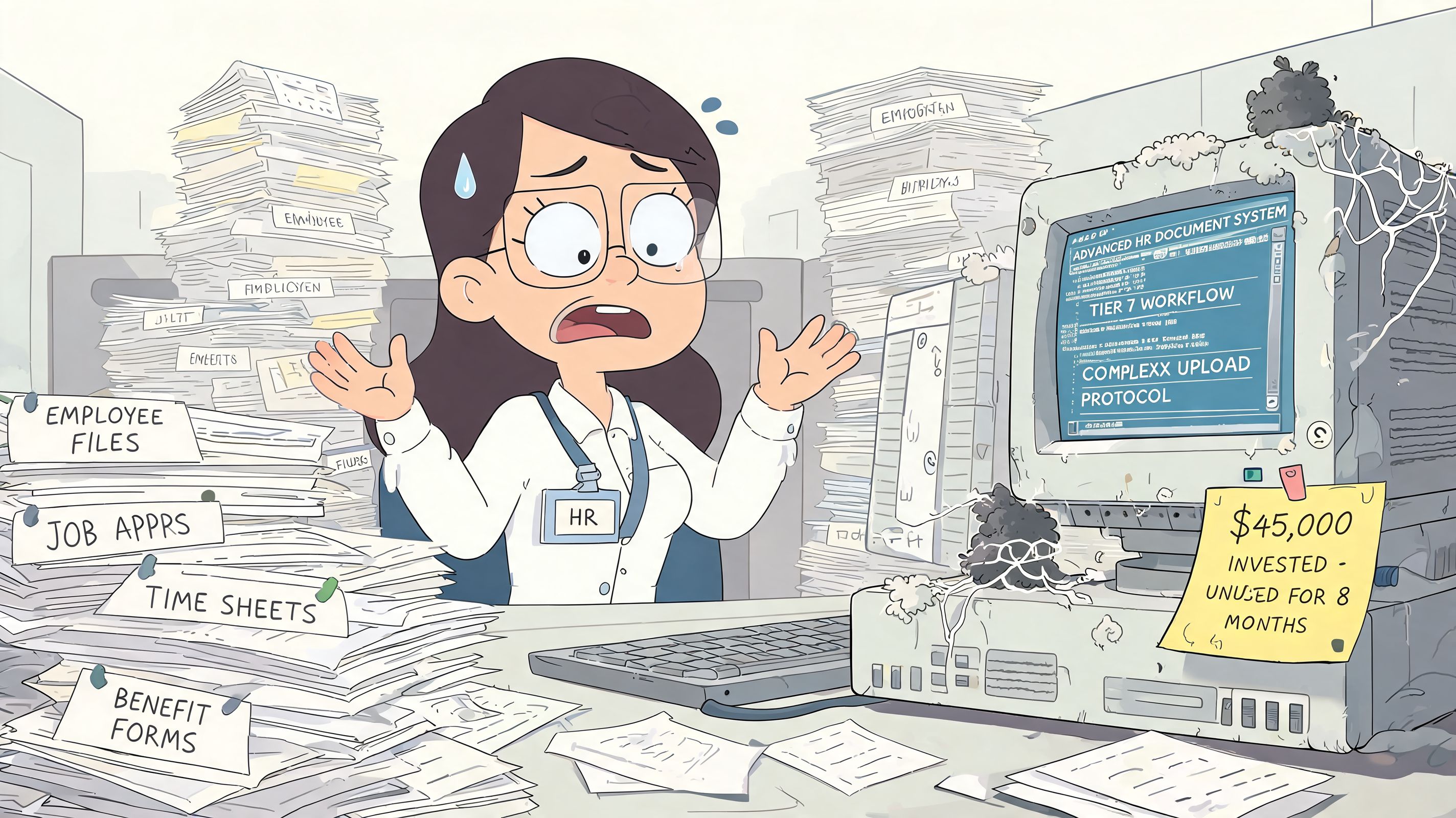 A stressed HR employee sits surrounded by piles of paperwork in front of an outdated computer system.