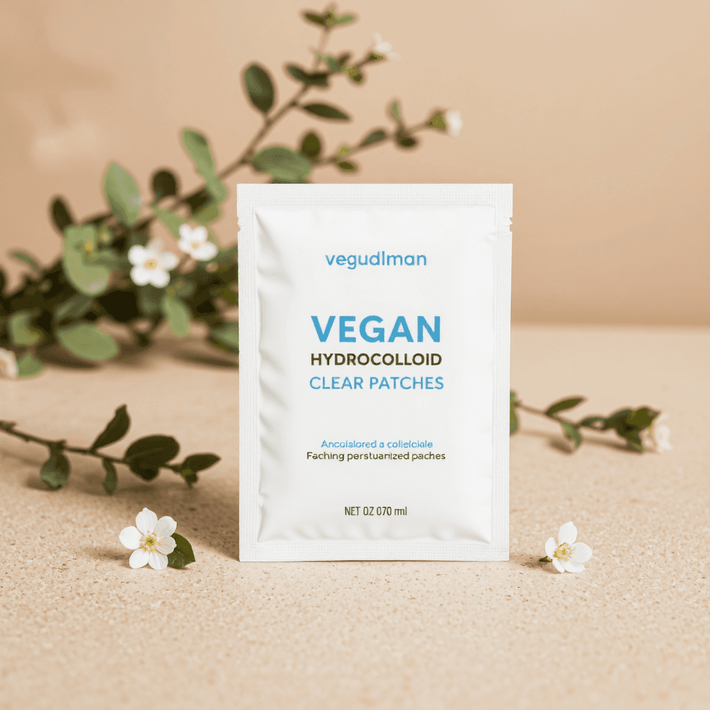 product photography of a pack of vegan hydrocolloid clear patches for skin protection