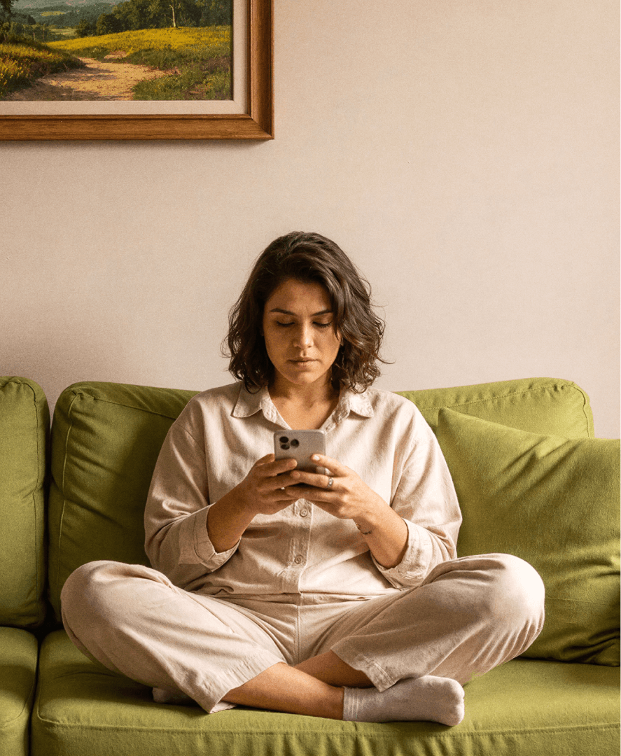 Mulher sentada de pernas cruzadas em um sofá verde, concentrada no celular ao ler uma notificação da Tivita relacionada a confirmação de atendimento e cobrança em clínicas.