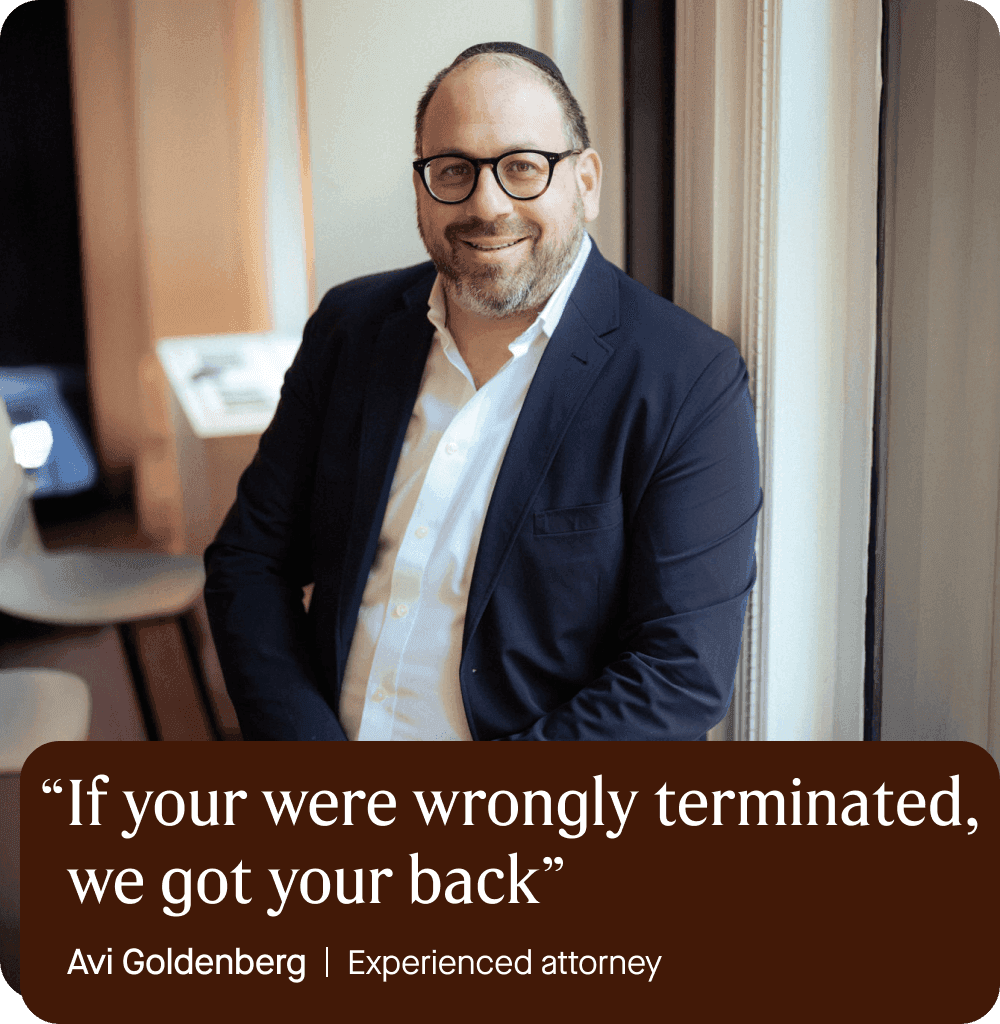 Image of Avi Goldenberg, Employment Lawyer, in his office wearing a button down shirt and suit jacket, wearing glasses. Quote overlaid.