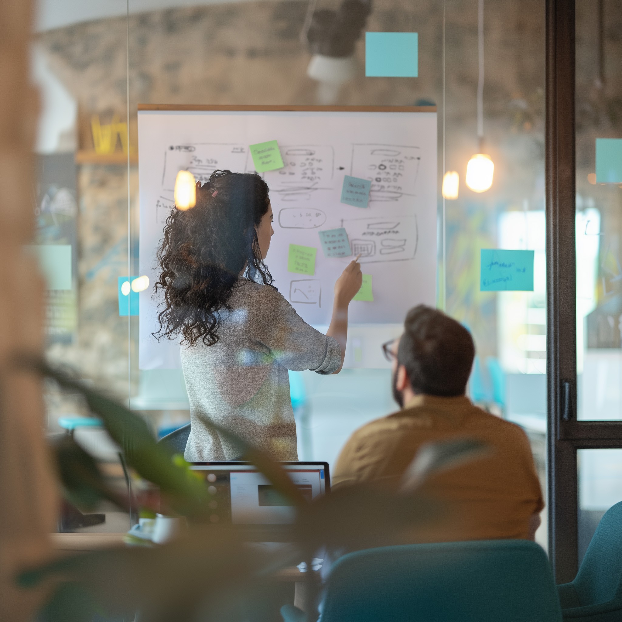 Product designer mapping out user flows and wireframes on a whiteboard during a strategic MVP workshop. The session focuses on transforming complex startup technology into a clear, investable asset to prepare for pre-seed fundraising