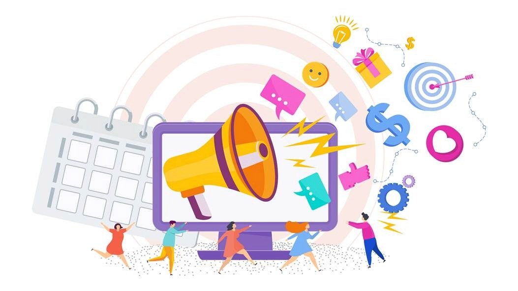 Megaphone bursting from monitor with engagement icons, representing influencer marketing campaign launch