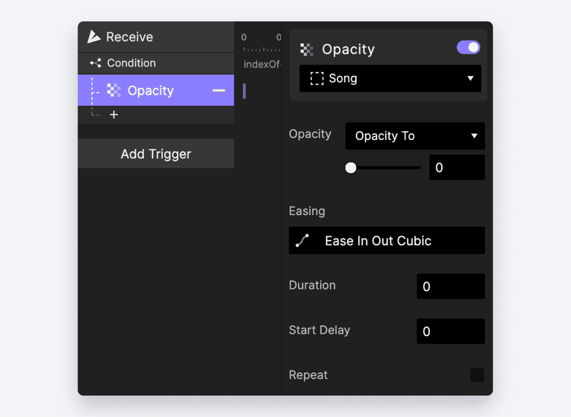 Add an Opacity Response under our condition