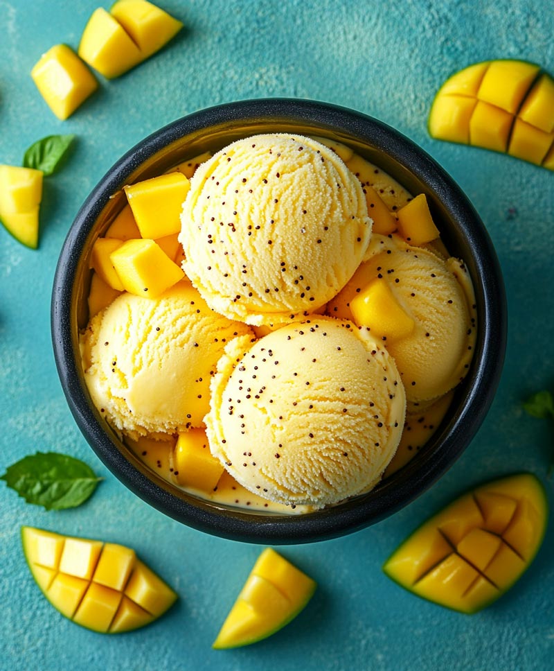 Top view of bowl of ice cream scoops. Mango pieces scattered around bowl.