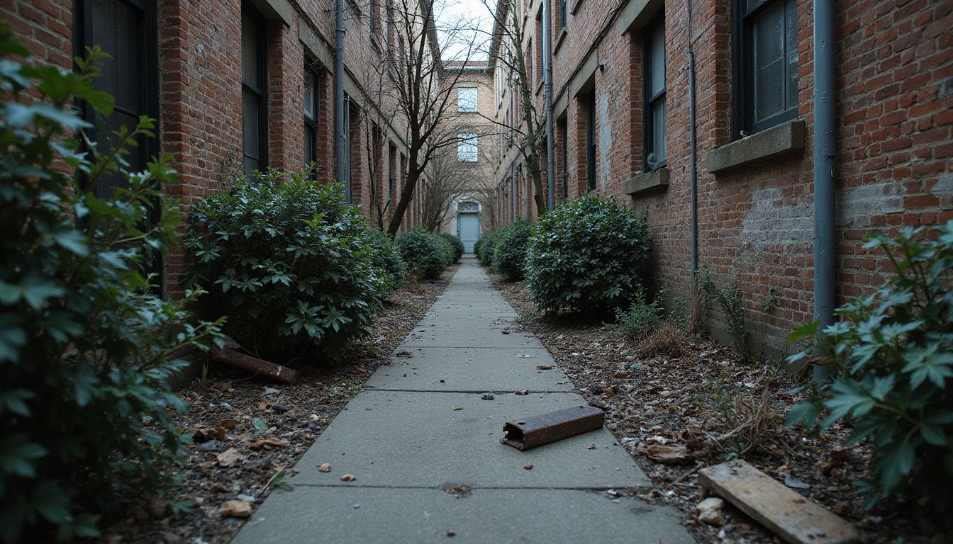 A neglected alleyway showcases crumbling buildings and overgrown vegetation.