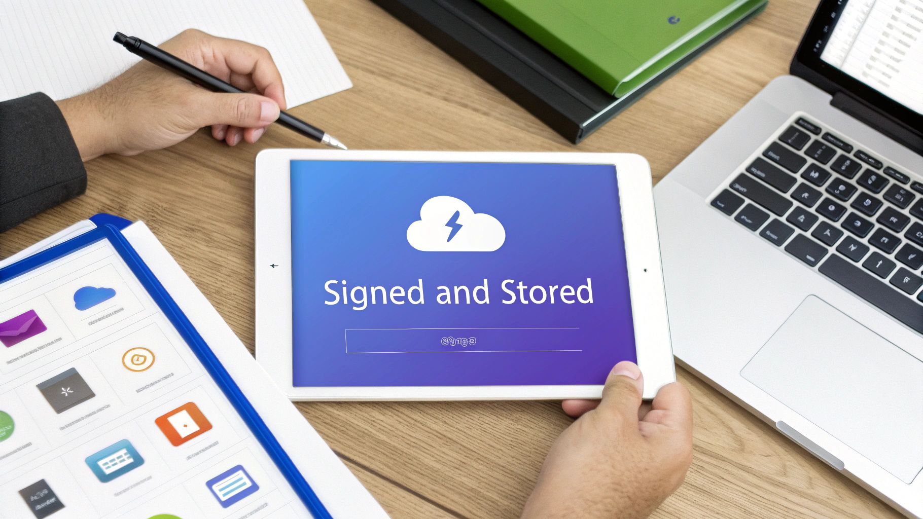 A person uses a tablet to digitally sign and store documents in the cloud at a modern office desk.