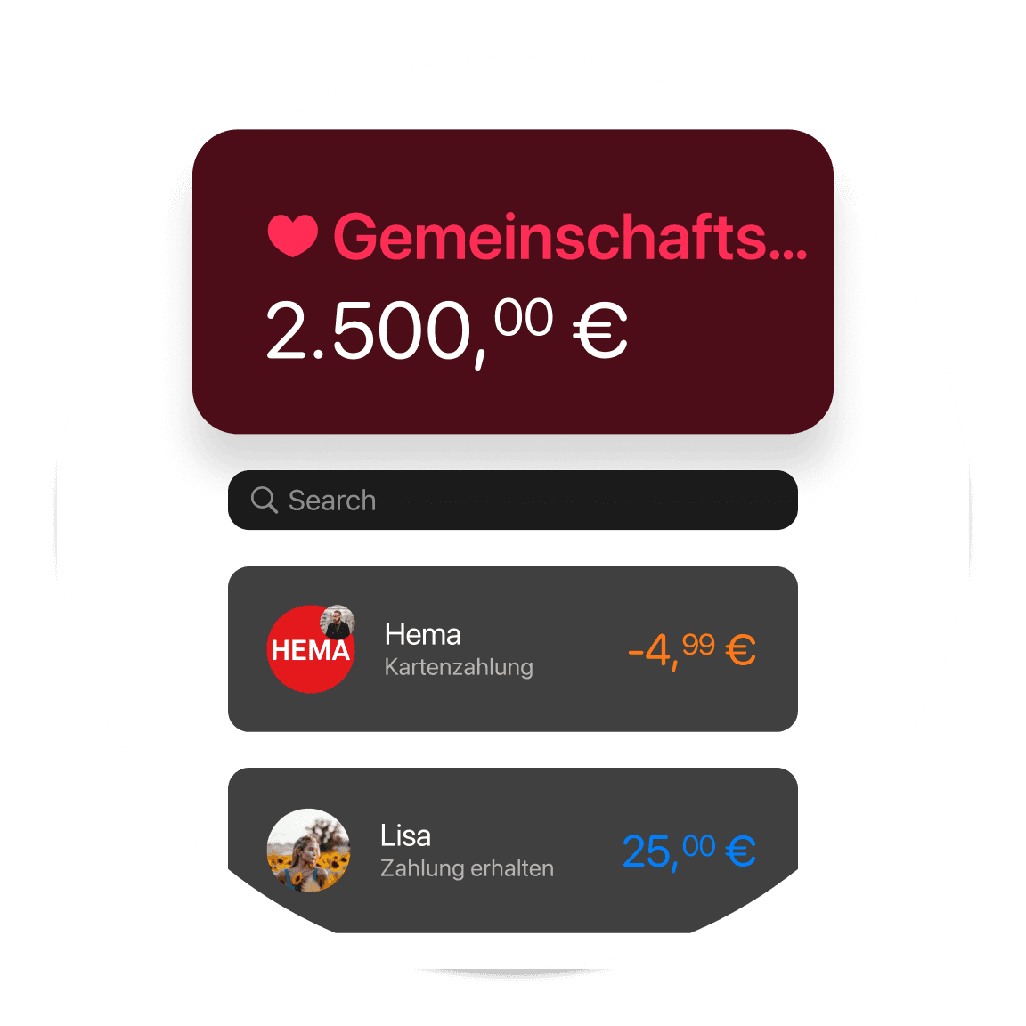 Grafik zeigt ein Gemeinschaftskonto mit einem Guthaben von 2.500 €, inklusive Optionen für Transaktionen und verknüpfte Konten.