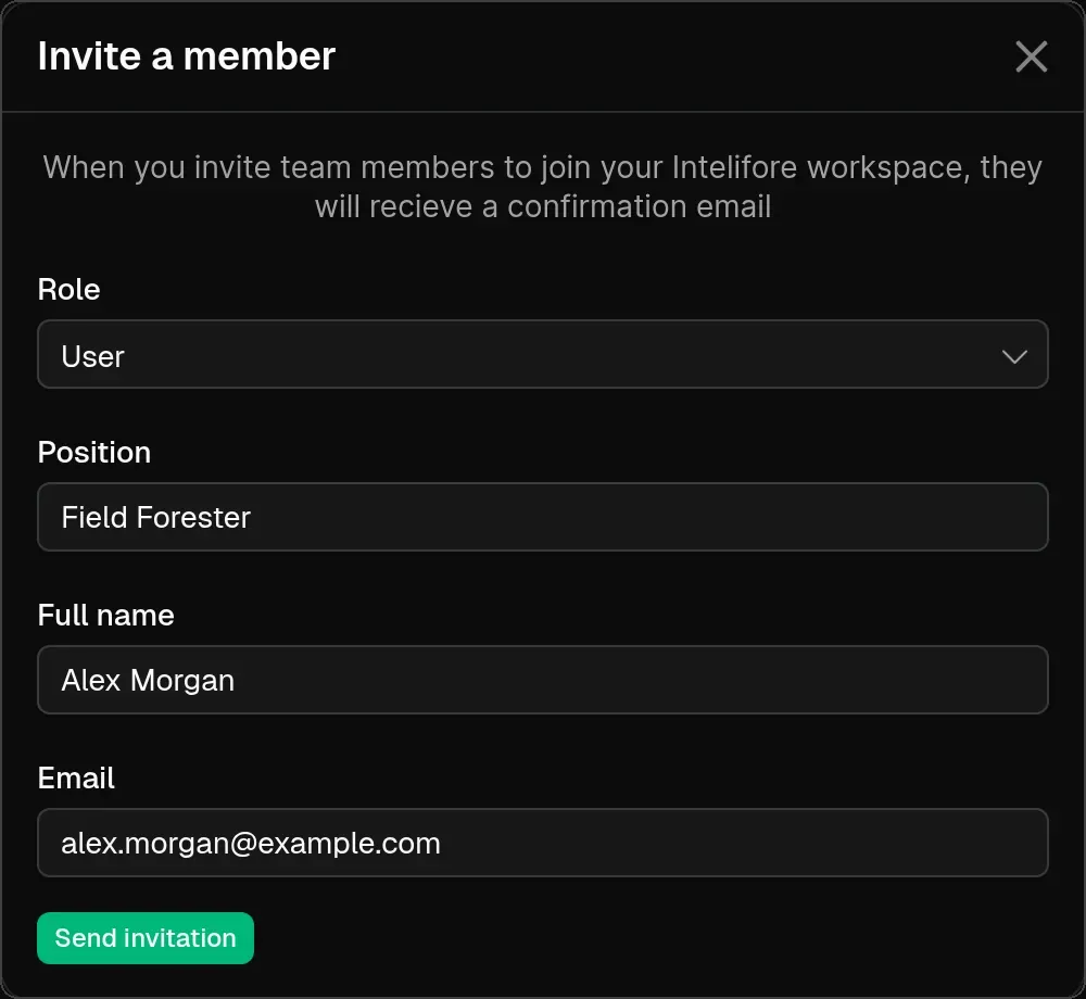 The Invite a member form with role, position, name and email
