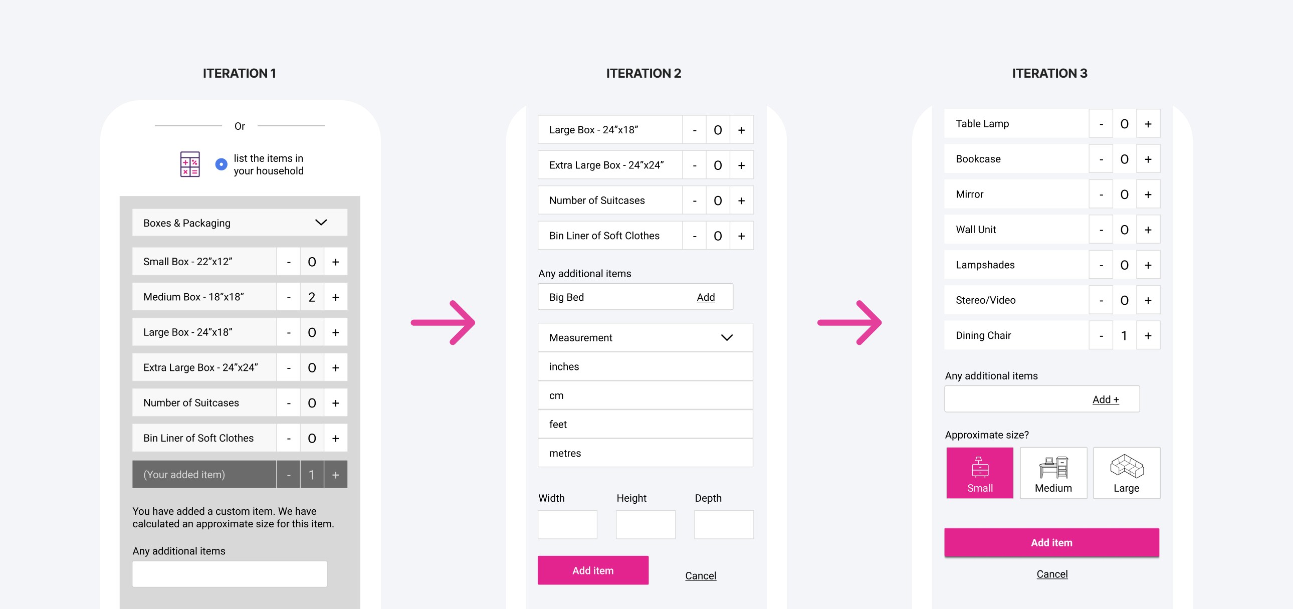 3 mobile screens showing the change between iteration 1, 2 and 3.
