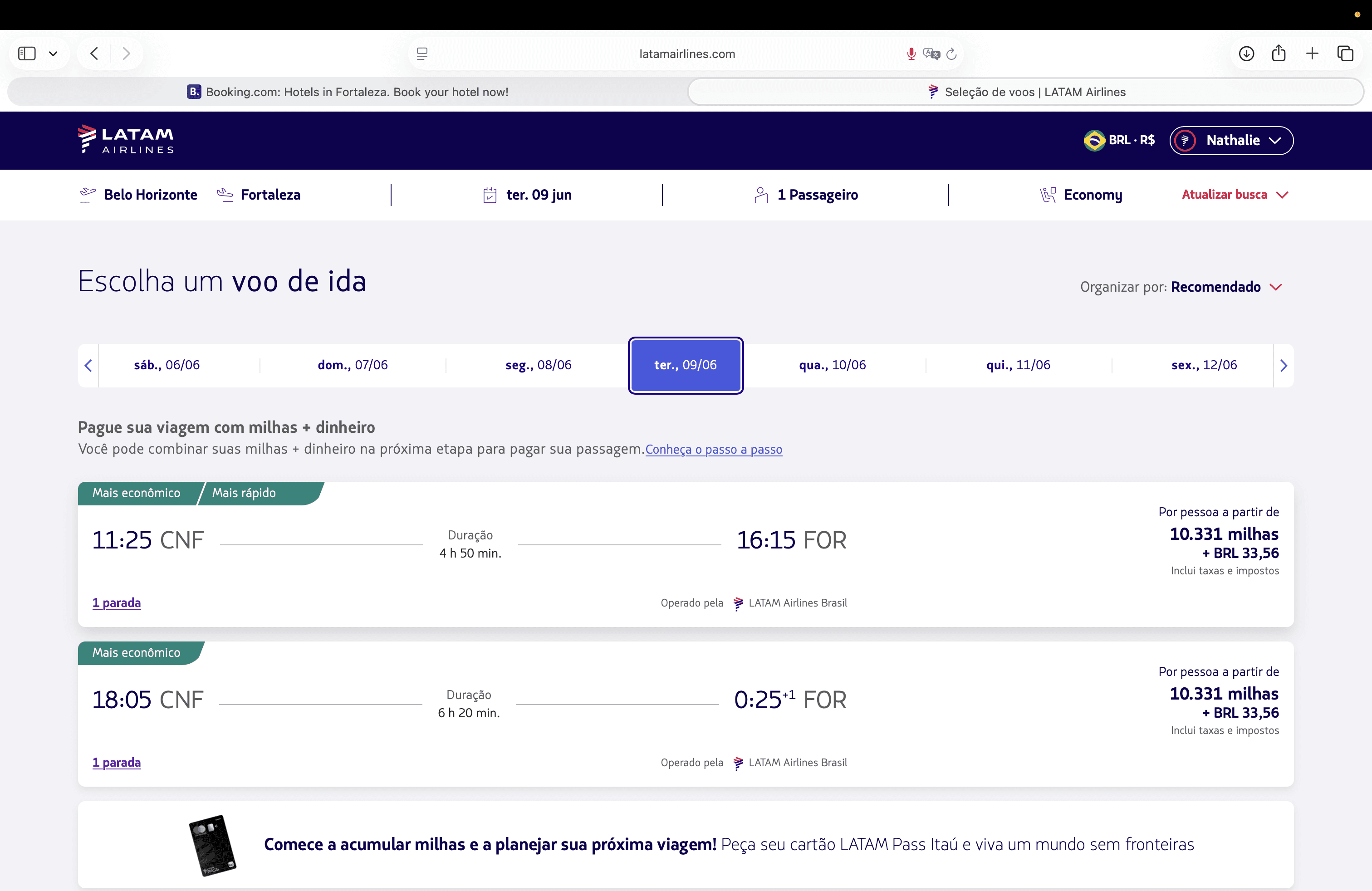 Busca no site da Latam mostra voo Belo Horizonte Fortaleza por 10.331 milhas Latam Pass