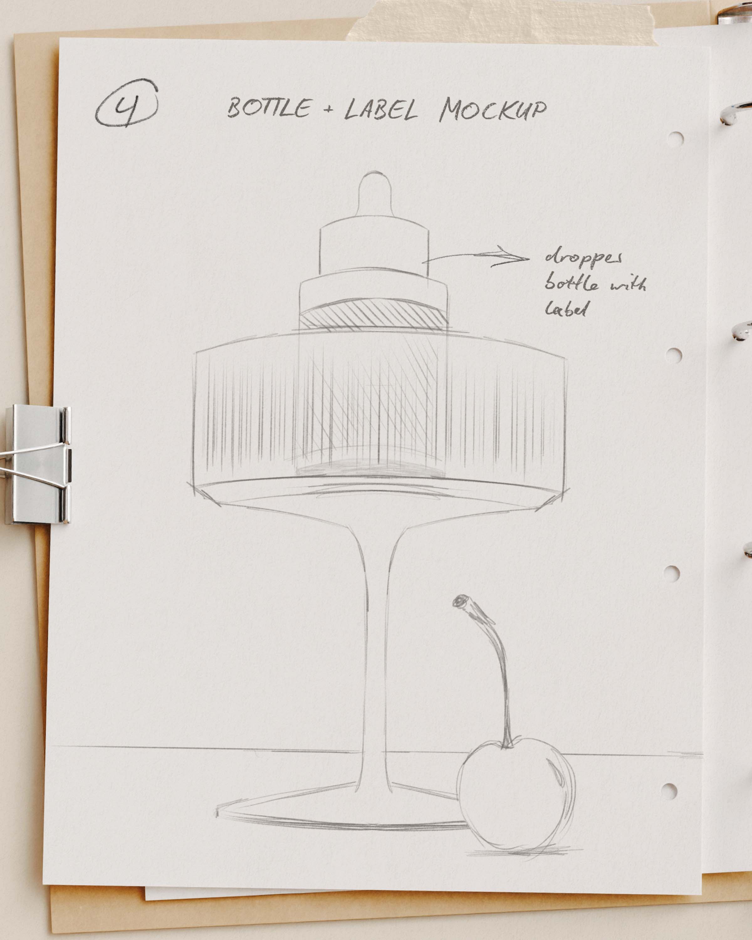 Pencil sketch of a cosmetic dropper bottle on a coupe glass stand with a cherry beside it