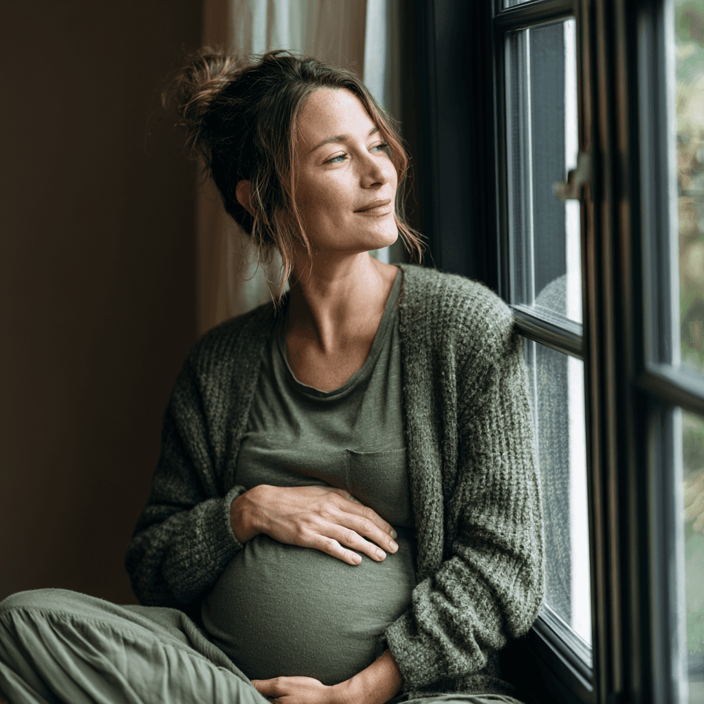 A person sitting on a window ledge, holding hands.