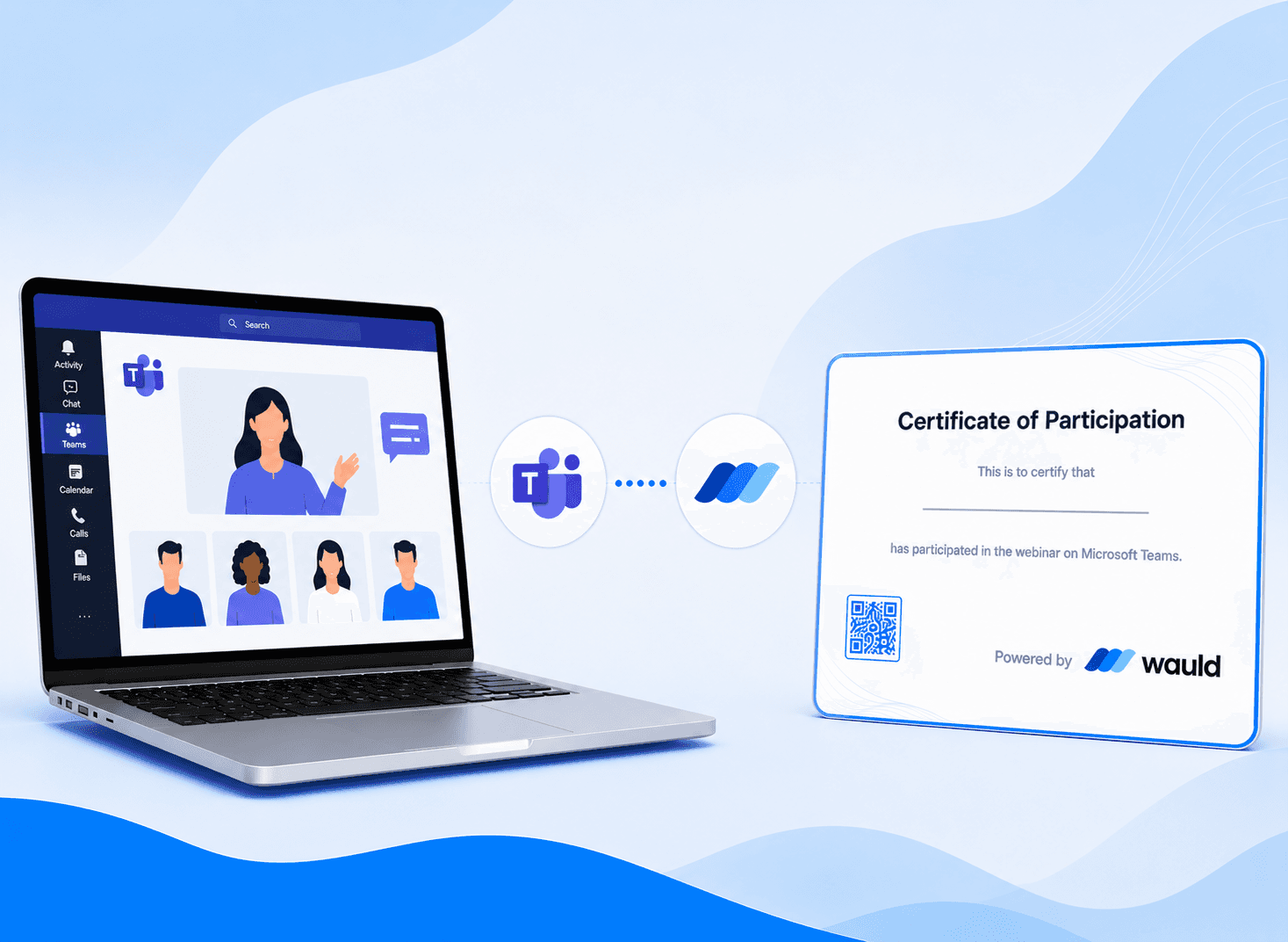 Illustration of a Microsoft Teams webinar integrated with Wauld digital credentials. A laptop on the left displays an active Microsoft Teams meeting with multiple participants, while a certificate of participation appears on the right featuring a QR code and "Powered by Wauld" branding. Microsoft Teams and Wauld logos are connected in the center, representing automated issuance of verifiable certificates for webinar attendees.