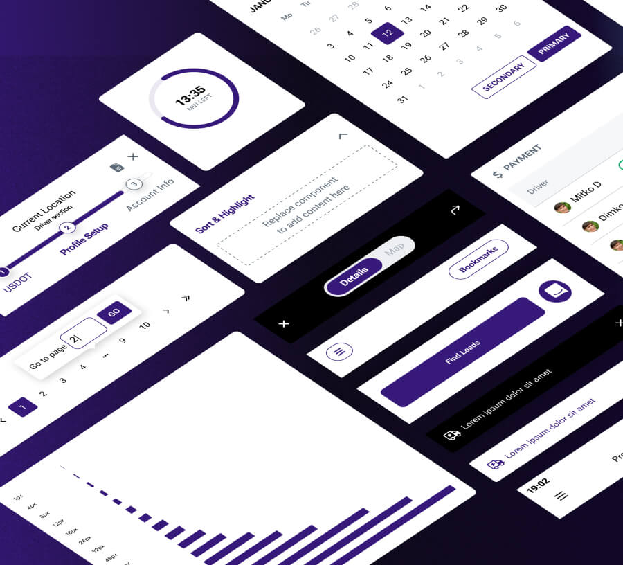 A digital dashboard interface showcasing various financial elements, including a calendar, circular progress graph, dropdown menu, buttons, and a bar chart, all set against a sleek, dark purple background, highlighting UI/UX design and fintech capabilities.