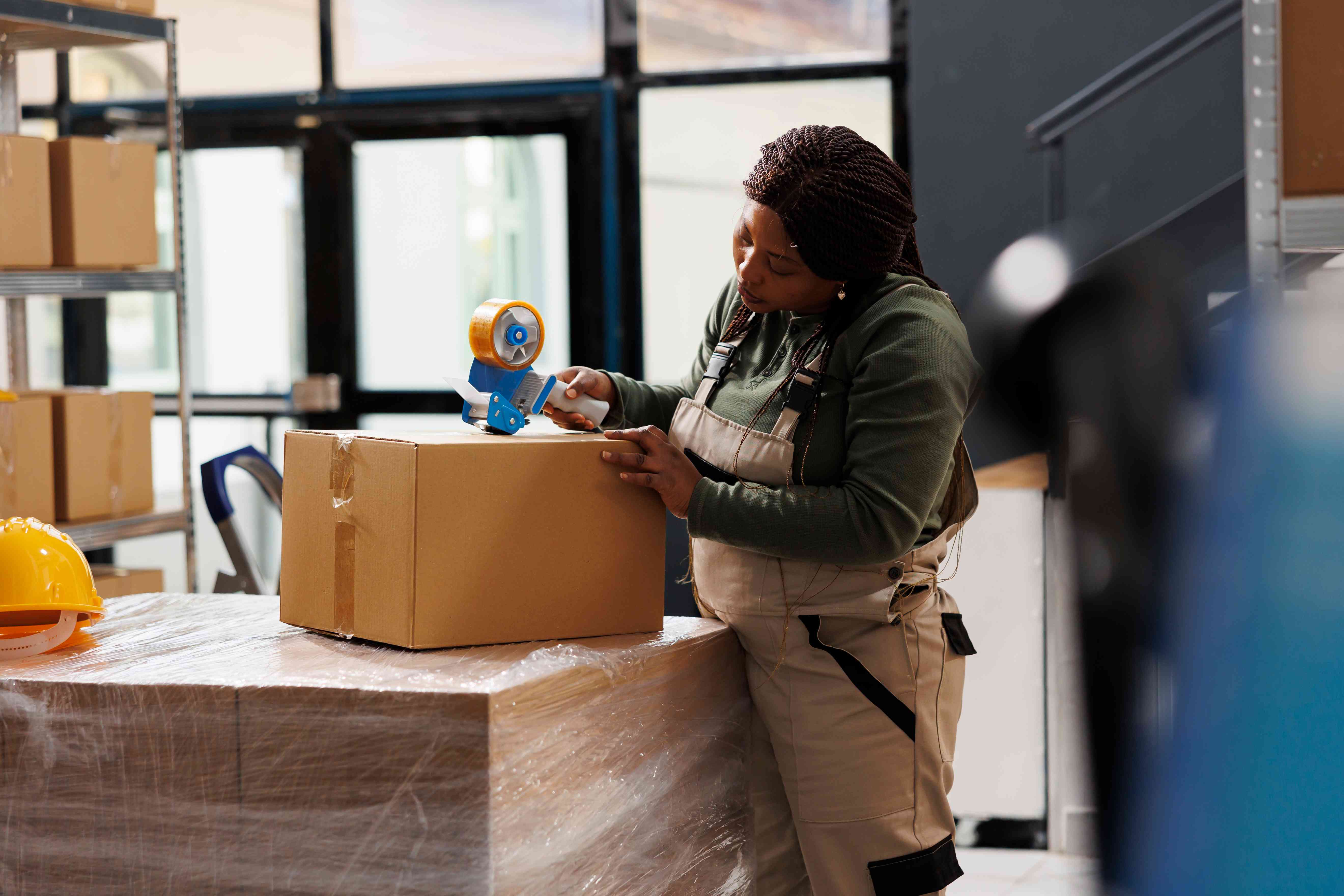 A woman properly sealing a box during a move