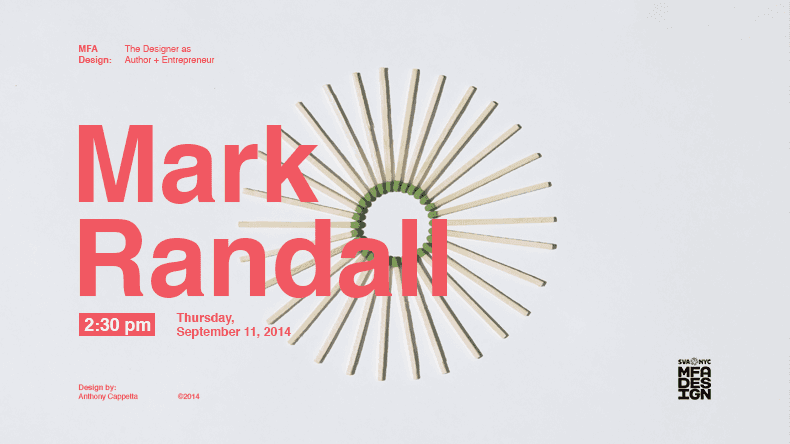 A poster showing some crayons placed in a sun like pattern. The title on the poster: Mark Randall.