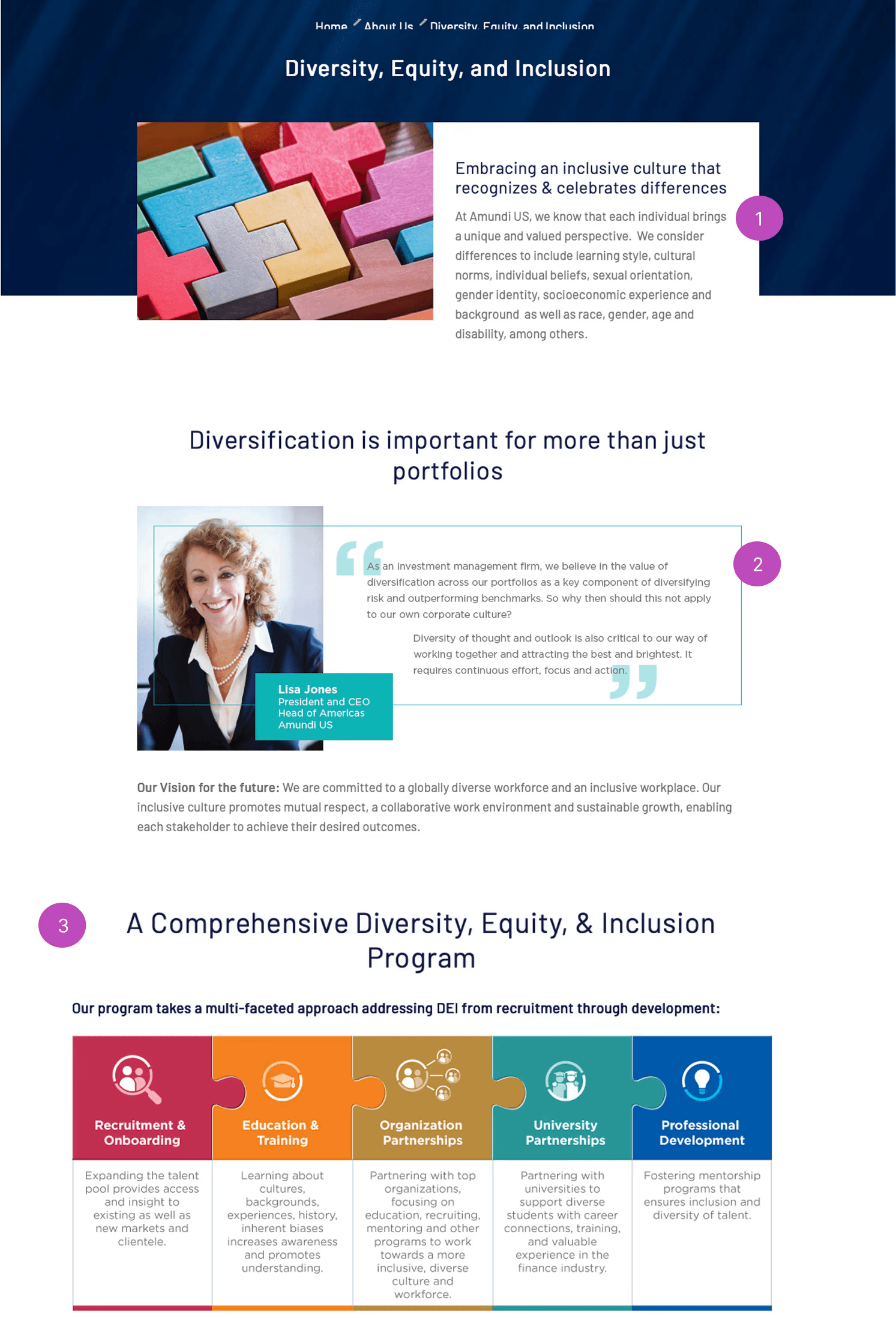 Annotated Diversity, Equity, and Inclusion webpage showing structured content sections, leadership messaging, employee testimonial, and DEI program pillars, with callouts explaining content strategy decisions.