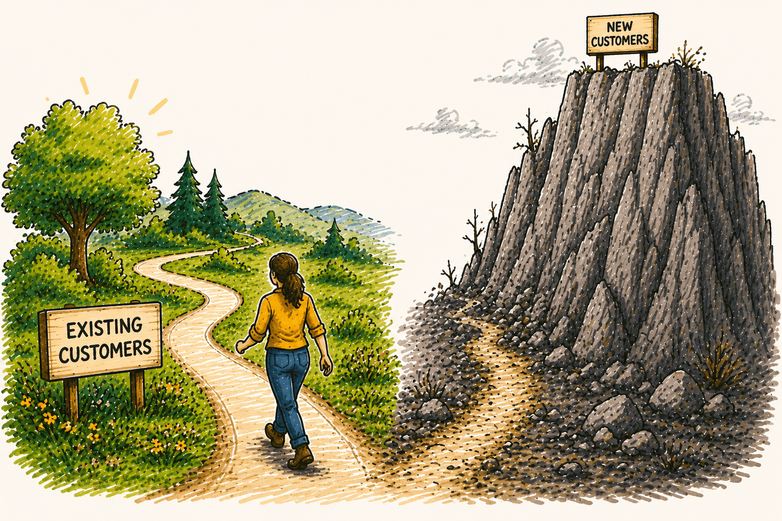 Hand-drawn illustration of a woman choosing a smooth trail labeled "Existing Customers" while ignoring a steep rocky mountain labeled "New Customers." The image represents the value of reactivating past customers before investing additional time and money acquiring new ones.