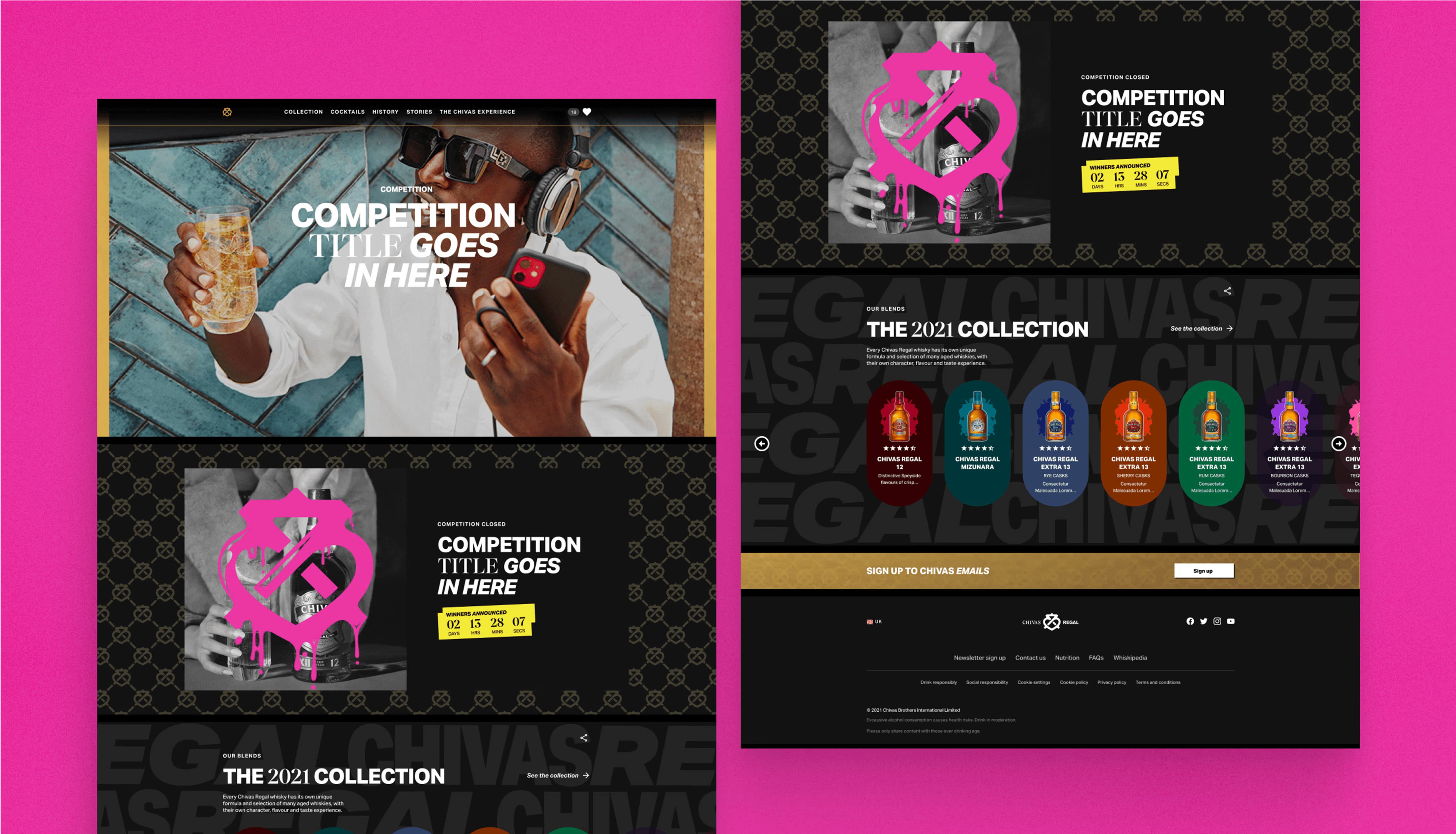 Split-screen UI layout showcasing campaign visuals: a lifestyle shot on a pink background alongside the '2021 Collection' product grid on black.