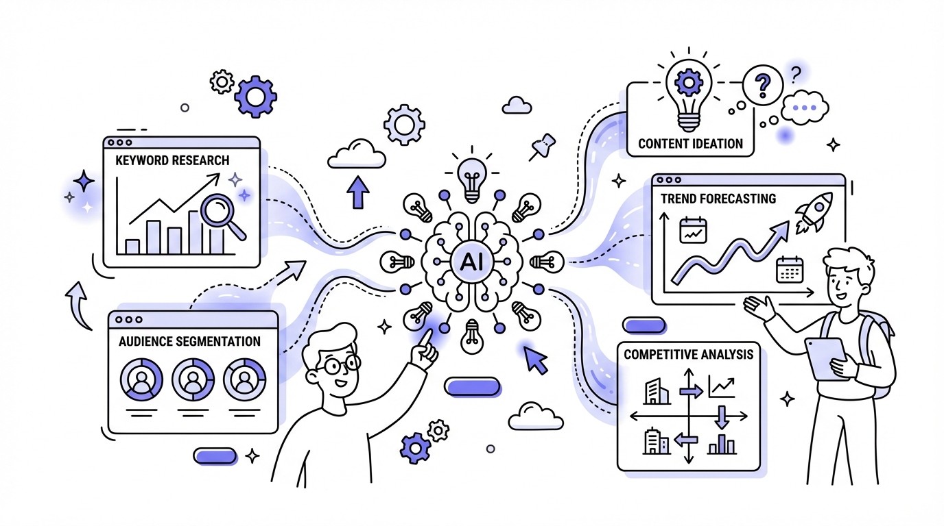 A futuristic digital dashboard illustrating artificial intelligence managing the content workflow planning stage. It features holographic projections, data streams, charts for keyword research and trend analysis, and a central glowing AI core, all within a sleek, modern tech interface.